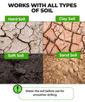 K-Brands auger drill bit set for planting (1.6x16 and 3.5x16) shown in a soil-type infographic.