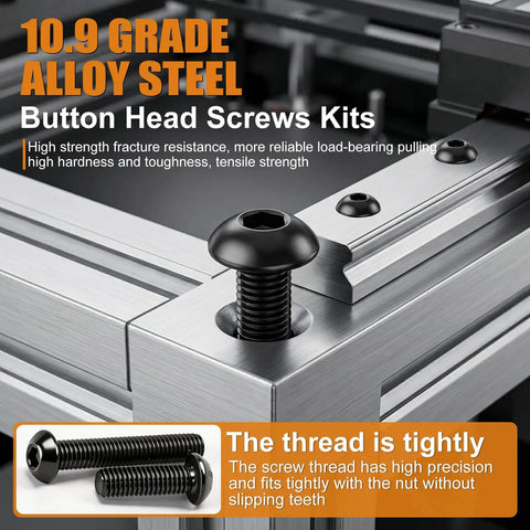 205-Piece M6 Bolt Set With Button Head Hex Socket Cap Screws mounted on metal frame, 10.9 grade alloy steel, close-up view