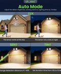 Motion Sensor Outdoor Flood Lights 30W 3500LM 120V With Dusk To Dawn Auto On Time Modes 3000K 4000K 6500K Waterproof Hardwired Security Light ETL Listed For Porch Easy Install, demonstrating day and night sensor modes and detection range on a garage.