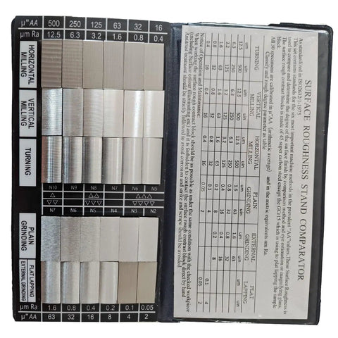 30 Piece Surface Roughness Comparators Set With Ra0.05-12.5mm Microfinish Blocks shown in open case, ideal for quality assurance