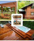 Top Shelf Exterior Wood Stain And Sealant For Decks Fences Pergolas Siding Long Lasting Uv And Water Protection Keeps Everything Looking Crisp Season After Season One Point Three Gallon showcased on wooden structures.