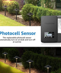 Powerful 300W Low Voltage Landscape Transformer With Timer And Photocell Sensor shown with lit pathway lights