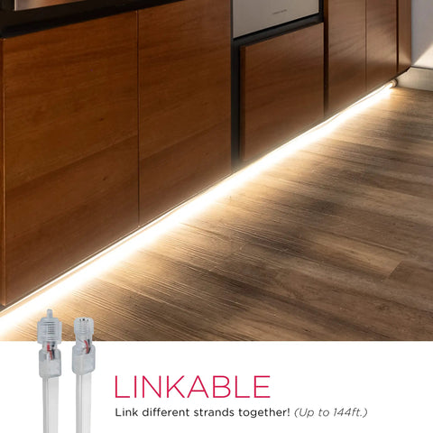 24Ft Color Changing LED Light Strip For Indoor And Outdoor Use With Linkable Neon Rope Lights illuminating a modern kitchen floor.