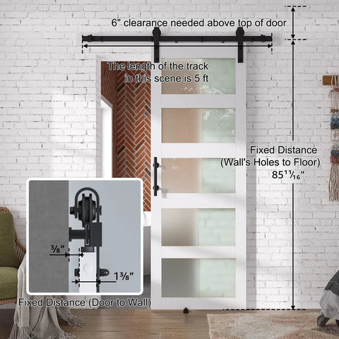 Diagram showing details of Pretty Dang Sleek Modern Glass Barn Door 36 By 84 Inches for Private Rooms, with track and clearance measurements.
