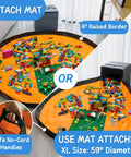 Toy Storage Organizer With Play Mat For Kids And Bricks, collapsible fabric bin shown with attached and detached play mat options.
