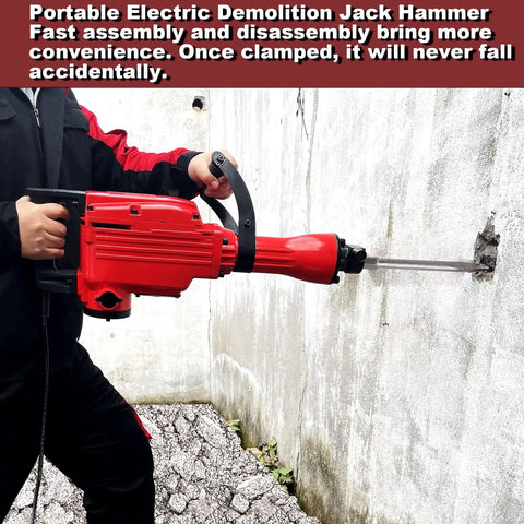 Man operating Beast 2200W Electric Demolition Jack Hammer for concrete wall breaking, showing tool's power and versatility.