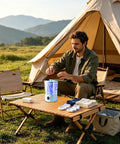 Man using Rad Cordless Mini Washing Machine With 3 Speeds Built For Dirty Underwear fix at campsite with clean laundry.