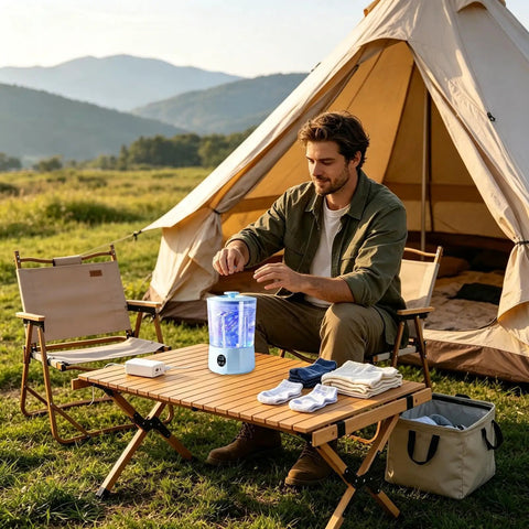 Man using Rad Cordless Mini Washing Machine With 3 Speeds Built For Dirty Underwear fix at campsite with clean laundry.