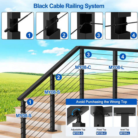 Black Cable Railing System with Heavy Duty 36 Inch Stainless Steel Cable Railing Corner Post Featuring 90 Degree L Drilled Holes