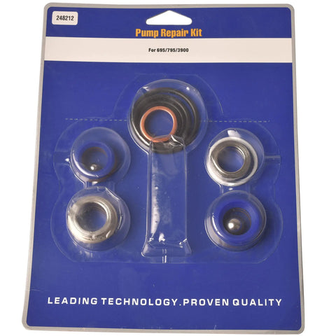 Graco 695 795 3900 Paint Sprayer Pump Repair Kit 248212 with sealing rings, stainless steel balls, and accessories in packaging