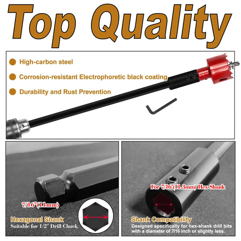12 Inch Forstner Drill Bit Extension for Seven Sixteenths Inch Hex Shank with black coating, tool details and compatibility