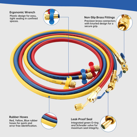 Lichamp A2L refrigerant hose set with ball valves, 60-inch hoses; red, blue, yellow with brass fittings (3-pack).