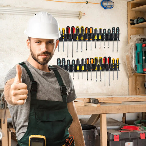 Man in workshop with 2 Pack Wall Mount Screwdriver And Pliers Organizer Rack Heavy Duty Steel Tool Holder For Garage on wall.