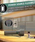 Hybrid Powered LED Flashlight With Solar And AA Battery Options, USB Charge, connected to a wall socket, charging indicator visible