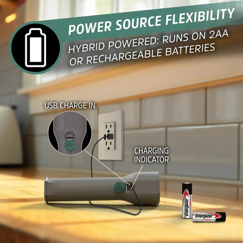 Hybrid Powered LED Flashlight With Solar And AA Battery Options, USB Charge, connected to a wall socket, charging indicator visible