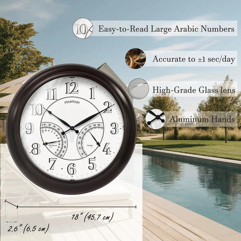 Must Have 24 Inch Indoor Outdoor Lighted Clock With Self Illuminated Face Waterproof 3 In 1 Weather Station Including Thermometer And Hygrometer Metal Clock In Oil Rubbed Bronze Finish Night Light, outdoor setting.
