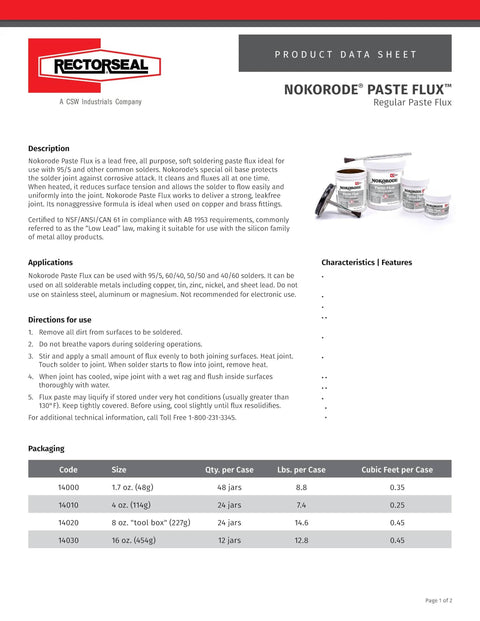 Product data sheet for Nokorode 14000 Paste Flux For Plumbing And Soldering, Easy Apply Solder Flux Paste, Cleans And Fluxes.