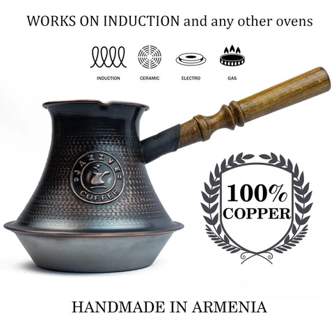 Copper Turkish Armenian Coffee Pot With Wooden Handle 27 Fl Oz 800 Ml Induction Ready Jezve Jazzve Ibrik Maker, side view.