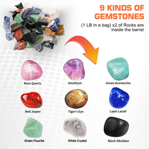 Nine kinds of gemstones in Double Drum 6Lb Rock Tumbler Kit With Rough Gemstones 8 Polishing Grits Jewelry Making Guide Learning Manual Bonus Supplies A Cool Gift For Adults And Collectors