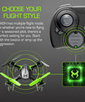 Dash Nano Performance RC Drone for fast indoor flying with safe self correcting flight, pocket size, multiple flight modes shown