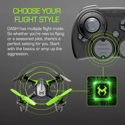Dash Nano Performance RC Drone for fast indoor flying with safe self correcting flight, pocket size, multiple flight modes shown