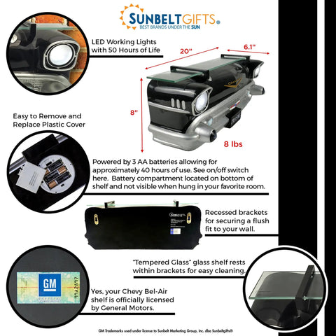 Chevrolet Camaro SS 1969 Floating Shelf Display With LED Headlights And Tempered Glass, dimensions and branding details shown
