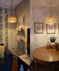 Plug In Pendant Light With Rattan Woven Lampshade And Hemp Rope Cord, Dimmable Switch, 14 Foot Hanging Lamp in cozy living space