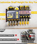 Heavy Duty Wall Mount Tool Organizer With Six Adjustable Shelves And Cordless Drill Holder, iron tool rack holding tools in garage workshop.
