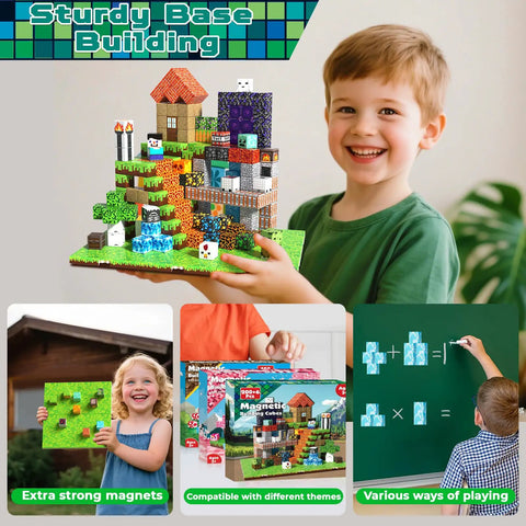 Child builds with Forest Mine Magnetic Building Blocks Set 200 Pieces With 6 Base Plates For Kids Ages 3 to 12