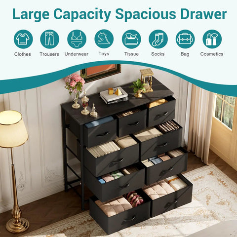 Dope Nine Drawer Black Dresser For Bedroom And Closet Organizer With Solid Multifunctional Storage Tower; spacious drawers for clothes and accessories.