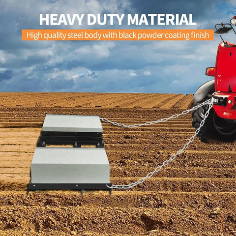 Heavy Duty Driveway Drag Harrow Grader With Chain For Gravel And Dirt Leveling Steel Lawn And Yard Drag attached to red tractor