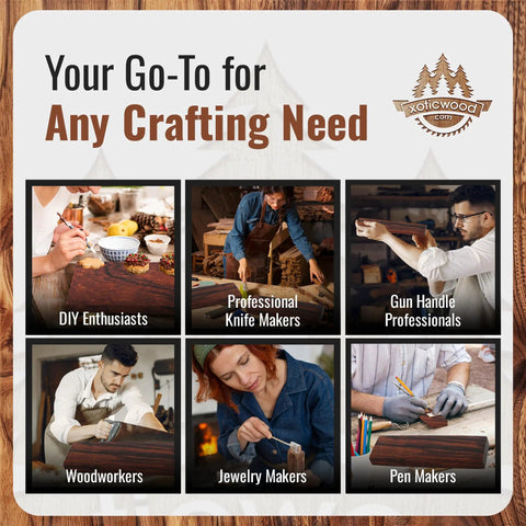 Collage of crafting professionals including DIY enthusiasts, knife makers, gun handle makers, woodworkers, jewelry and pen makers.