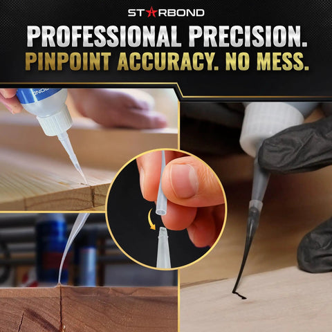 Handy Dandy Kick Butt Quick Cure Super Glue Kit With No Drip Microtips Anti Clog Cap Plus Extra Nozzles for precise application on wood.