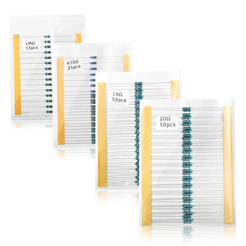Front view: assorted metal film resistors kit in labeled bags; 605 pcs, 1% tolerance, breadboard-friendly