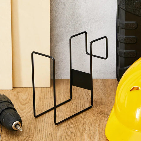 Two Pack Steel Hard Hat Rack For Trucks Over The Seat, black, shown with a drill and yellow hard hat