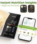 Smart Food Kitchen Scale With Nutrition Calculator, Color Display, Free App, showing nutrition facts and phone app.