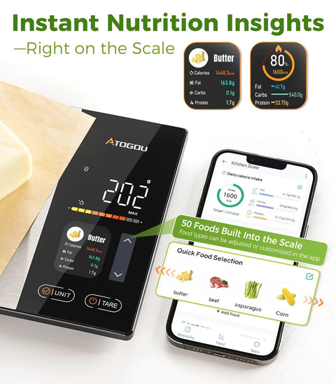 Smart Food Kitchen Scale With Nutrition Calculator, Color Display, Free App, showing nutrition facts and phone app.