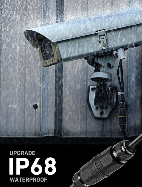 Security camera with 3 Pack Outdoor Junction Box Kit With 3 Pin Connectors, IP68 Waterproof Electrical Box in rainy weather