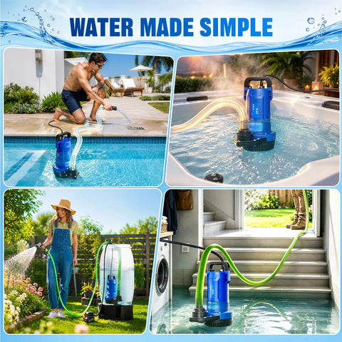 Heavy Hitter Cordless Submersible Utility Pump With 1Hp Brushless Motor Shifts 2113Gph Swiftly battery-powered pump in various draining scenarios.
