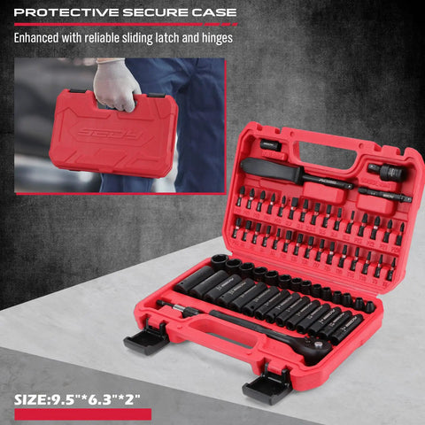 64 Piece One Quarter Inch Drive Impact Socket Set With Deep And Shallow Sockets Cr-V And S2 Power Bits in red case