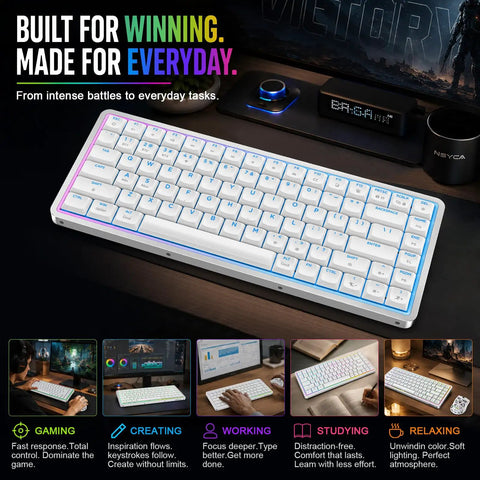 Low-Profile 75 Mechanical Keyboard With Aluminum Frame And Hot-Swappable Switches Features shine-through PBT keycaps with RGB lighting.