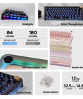 75 Percent Mechanical Keyboard With Top Shelf Frosted Acrylic Casing And Creamy Gasket Mount Smooth Wireless Gaming Board With Massive Battery Life RGB shine through keycaps and side lights.