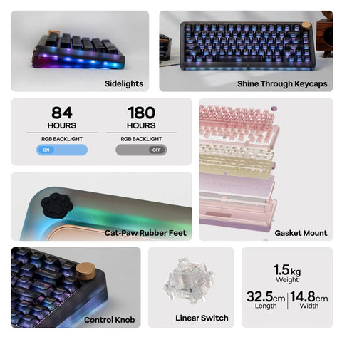 75 Percent Mechanical Keyboard With Top Shelf Frosted Acrylic Casing And Creamy Gasket Mount Smooth Wireless Gaming Board With Massive Battery Life RGB shine through keycaps and side lights.