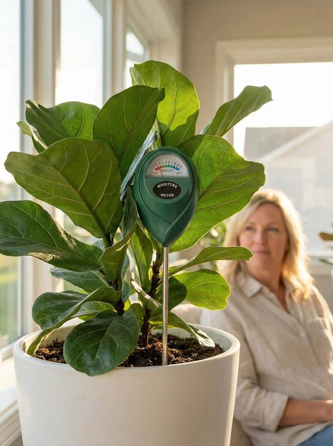Moisture Meter For Plants No Batteries Needed Garden Water Monitor With Hygrometer Dial For Indoor And Outdoor Gardening Tools For Plant Fam To Prevent Overwatering And Underwatering And Promote Healthier Growth, in potted fiddle leaf fig