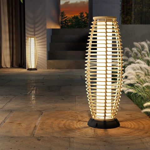 Patio Floor Lamp Outdoor Solar Powered Lantern With Weather Resistant Wicker Finish For Garden Deck And Backyard Auto On At Dusk 40 Lumens Cozy Vibe Large Sized For Indoor Outdoor Lighting Natural Brown