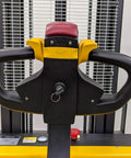 Built Tough Electric Wide Leg Pallet Stacker Heavy Lifter With 2204 Lbs Capacity And 130 Inch Lift Featuring Maintenance Free Battery 110V Us Plug Speed Control And Three Year Warranty Yellow control handle and keypad view