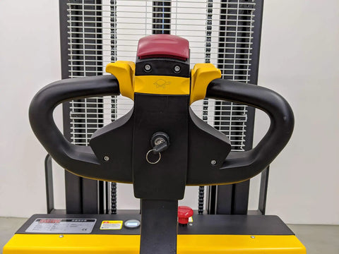 Built Tough Electric Wide Leg Pallet Stacker Heavy Lifter With 2204 Lbs Capacity And 130 Inch Lift Featuring Maintenance Free Battery 110V Us Plug Speed Control And Three Year Warranty Yellow control handle and keypad view