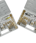 Premium 80-Piece Tap and Die Set Titanium Coated Alloy Steel With SAE and Metric Threads in open hard storage case