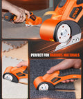 800 RPM Brushless Cordless Cardboard Cutter For Fast, Smooth Box Cutting, Beast Mode Pro Grade Tool With 3500mAh Battery, Powers Through Cardboard, Cartons, Plastic, Leather, Carpet, And More. Orange cordless cutter cutting carpet and cardboard