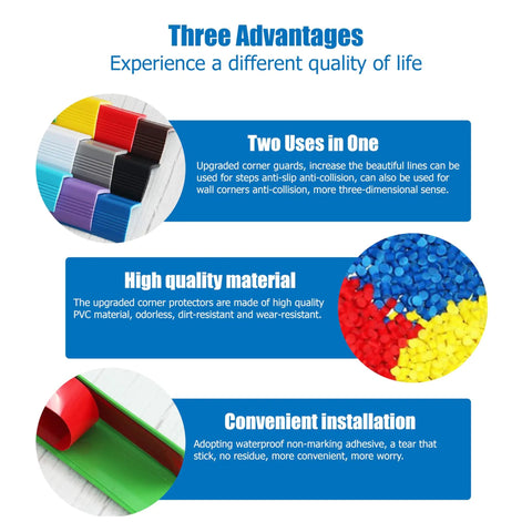 Premium Soft Wall Corner Protectors And Table Edge Guards No Sweat Peel And Stick Baby Proof Corner Shields in colorful PVC material, showcasing installation benefits.